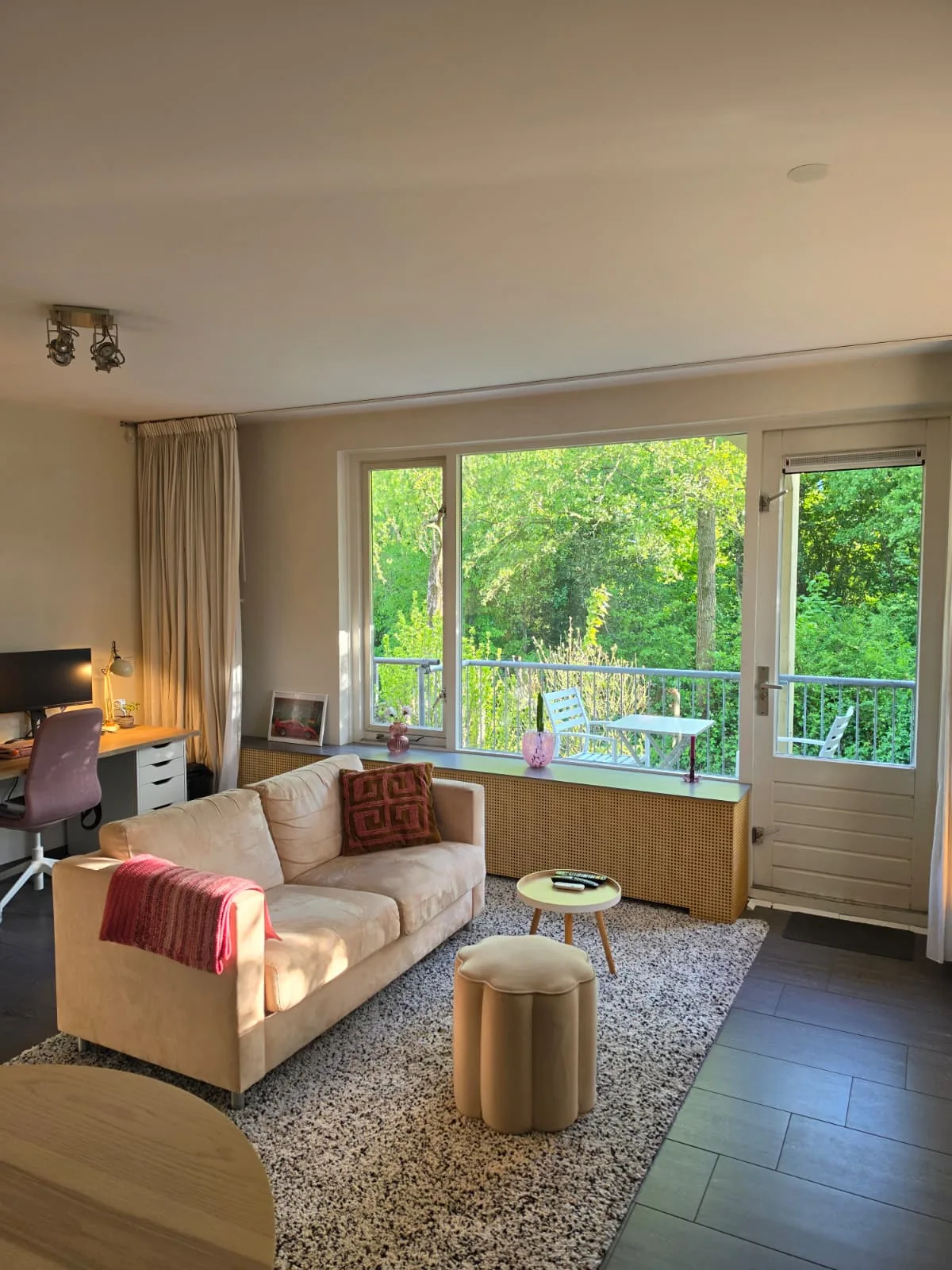 Lichte woonkamer met bank, tafel en uitzicht op groen.