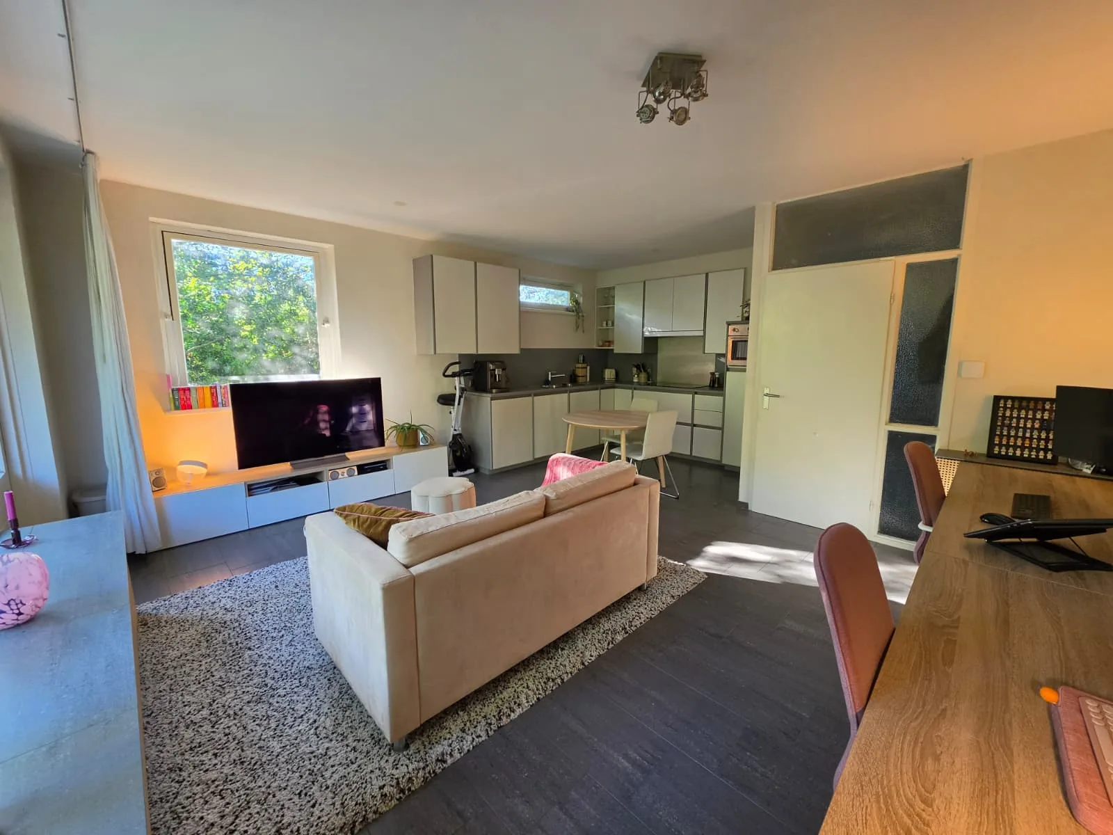 Moderne woonkamer met open keuken en grote ramen.