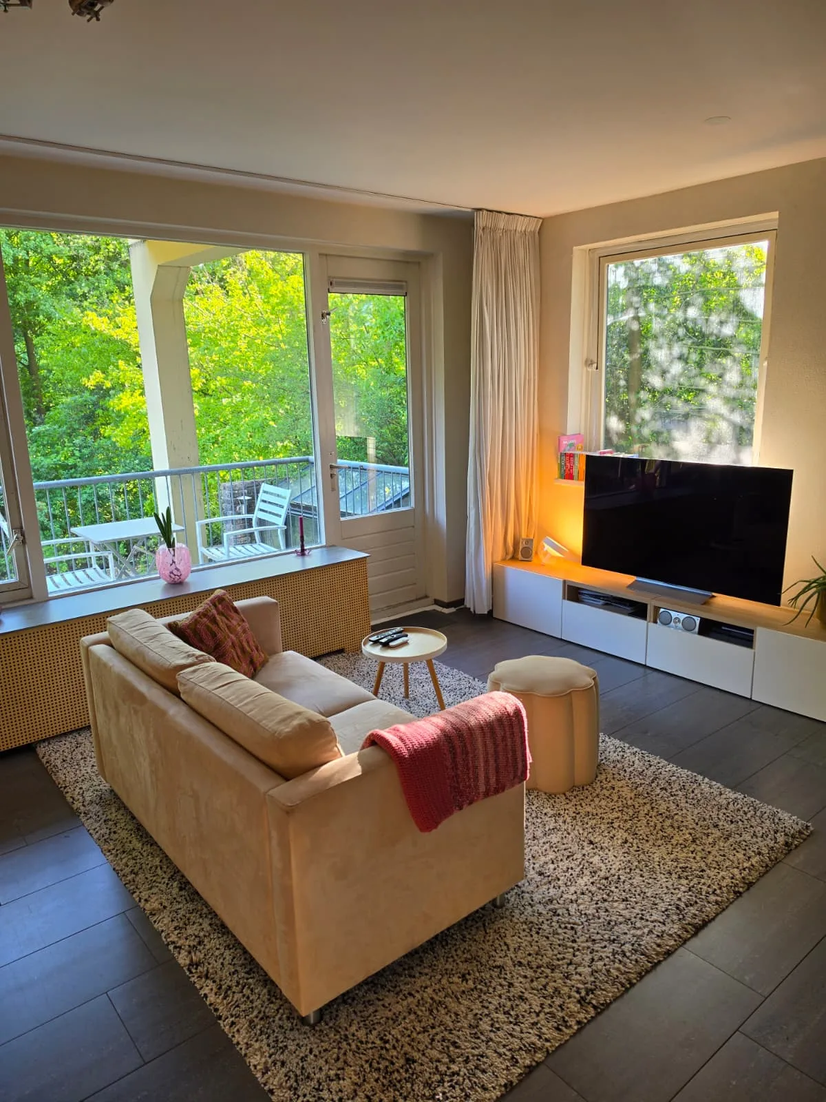 Gezellige woonkamer met bank, tv en uitzicht op groen.