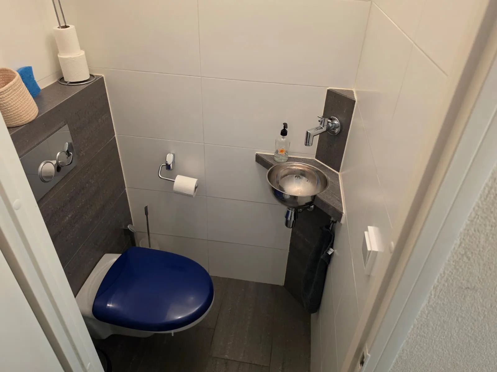 Klein toilet met blauwe toiletbril en wastafel.