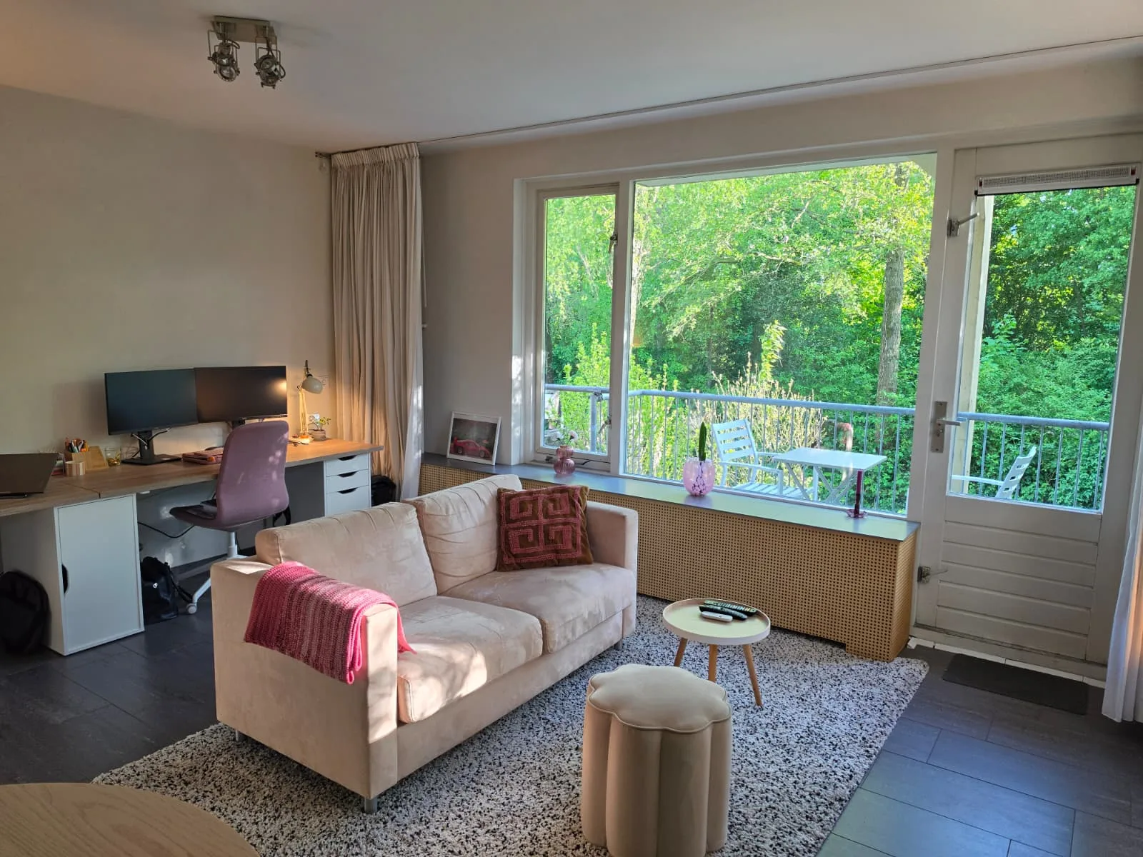 Woonkamer met bank, bureau en uitzicht op groen.