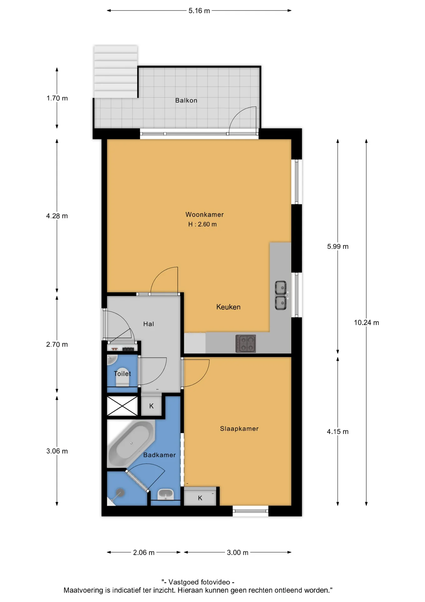 Plattegrond van een appartement met woonkamer, keuken, slaapkamer en badkamer.